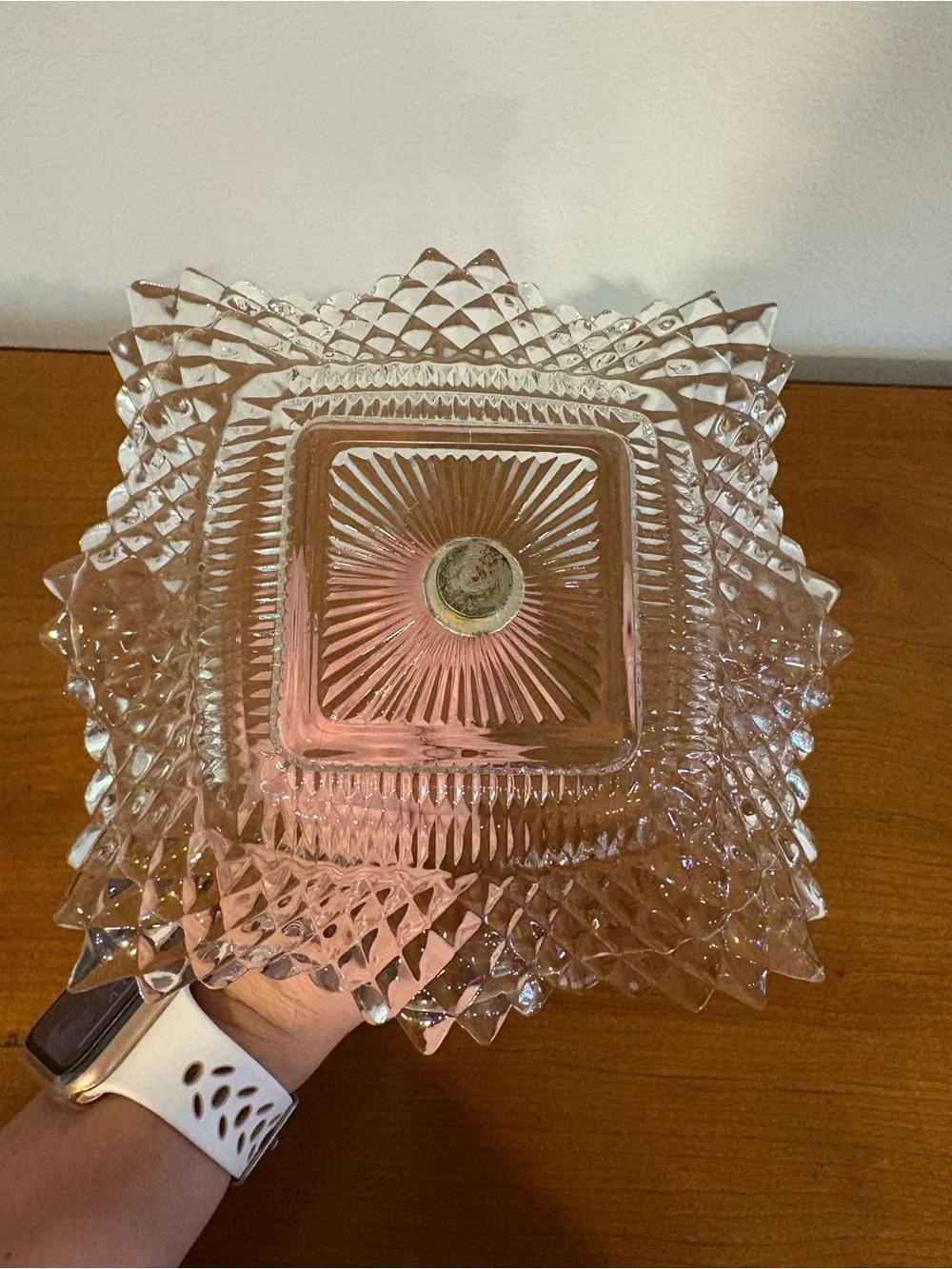 Vintage Glass Diamond Point Pressed Ruffle Edges Trinket Dish with Silver Handle